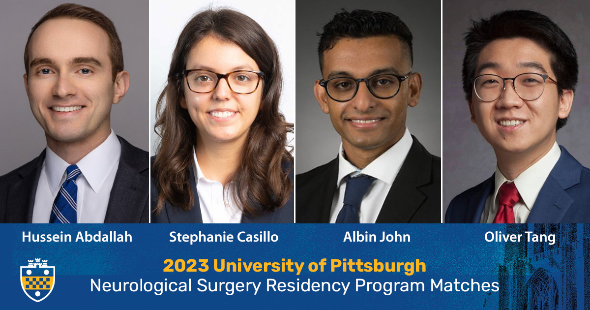 Pitt Neurosurgery (@pittneurosurg) on Twitter photo Congratulations to Hussein Abdallah, Stephanie Casillo, Albin John and Oliver Tang who have matched into the University of Pittsburgh Department of Neurological Surgery residency program. <a href="/pittnsgy/">pitt nsgy residents & alumni club</a> Congratulations to Hussein Abdallah, Stephanie Casillo, Albin John and Oliver Tang who have matched into the University of Pittsburgh Department of Neurological Surgery residency program. <a href="/pittnsgy/">pitt nsgy residents & alumni club</a>