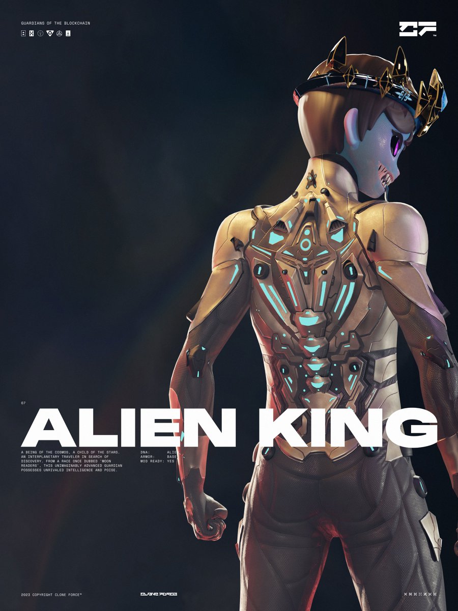CLONE⚔️FORCE : O.N.E. (@cloneforcetm) on Twitter photo 07. ALIEN KING
A being of the cosmos, a child of the stars. An Interplanetary traveller in search of discovery. 
From a race once dubbed 'Moon readers', this unimaginably advanced Guardian possesses unrivalled intelligence and poise.
👽 07. ALIEN KING
A being of the cosmos, a child of the stars. An Interplanetary traveller in search of discovery. 
From a race once dubbed 'Moon readers', this unimaginably advanced Guardian possesses unrivalled intelligence and poise.
👽