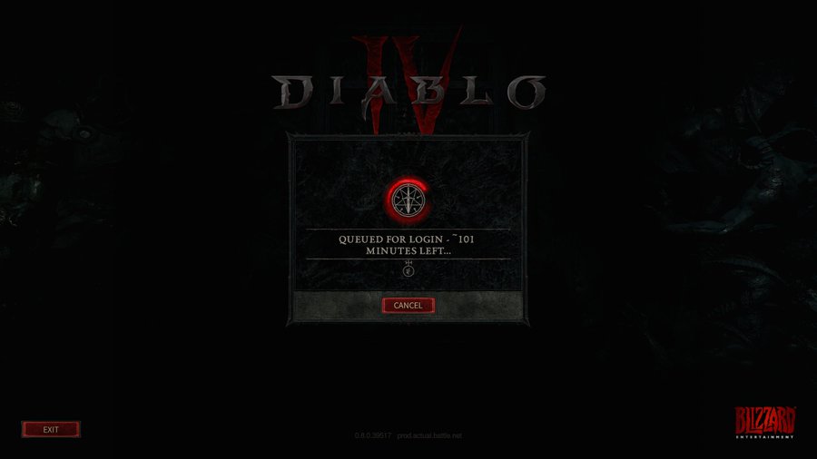 Diablo 4 login screen: "Queued for login: approxomately 101 minutes left..."