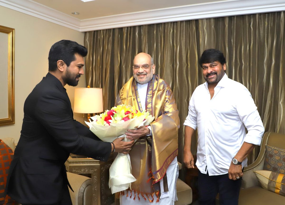 KChiruTweets's tweet photo. Thank you Shri @AmitShah ji for your Hearty Wishes &amp; Blessings to @AlwaysRamCharan on behalf of Team #RRR for a successful Oscar Campaign &amp; bringing home the First ever Oscar for an Indian Production! Thrilled to be present on this occasion!  

#NaatuNaatu #Oscars95
@ssrajamouli https://t.co/K2MVO7wQVl