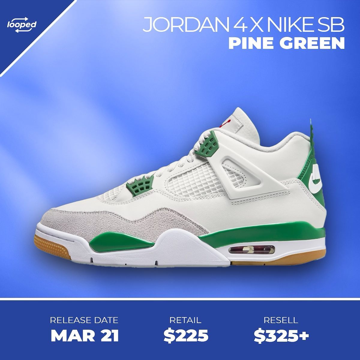 looped_io's tweet photo. The Nike Sb Jordan 4 Pine Green drops today March 17th at Local skate shops and March 21st via SNKRS app and various boutiques in or around the Metro Atlanta Area. Members have already secured pairs and will have all the information possible to be able to cop multiple pairs for r https://t.co/Xp4PmAvMks