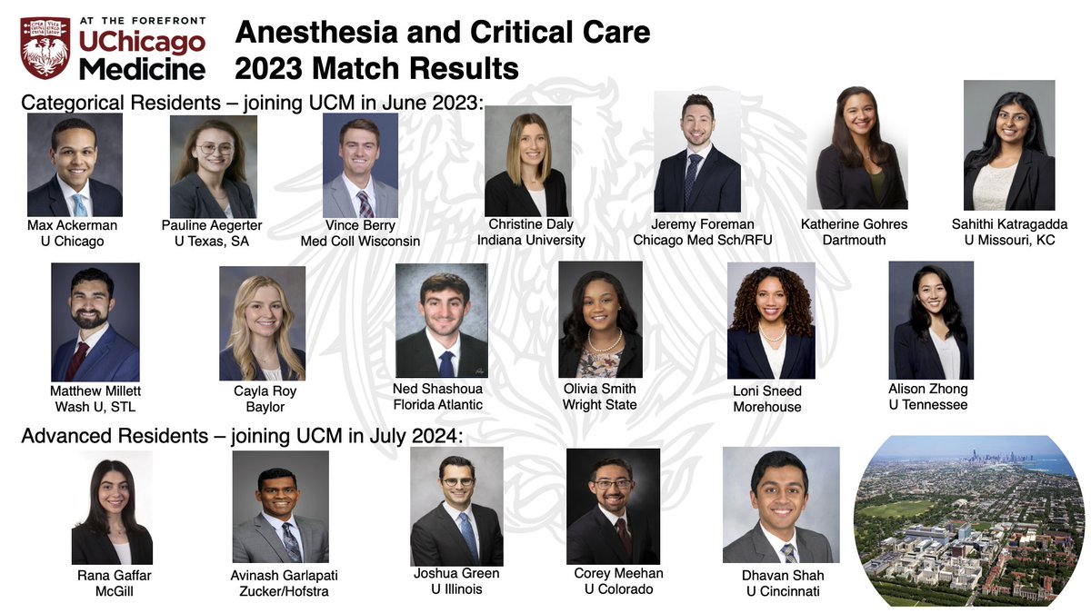 So excited to share our match list and so grateful that these stellar individuals have chosen to trust us with their anesthesiology training! Welcome to UChicago!! <a href="/EstimeMD/">Stephen Estime, M.D., FASA</a> <a href="/UChiAnesChiefs/">UChicago Anesthesiology Residency Program</a>