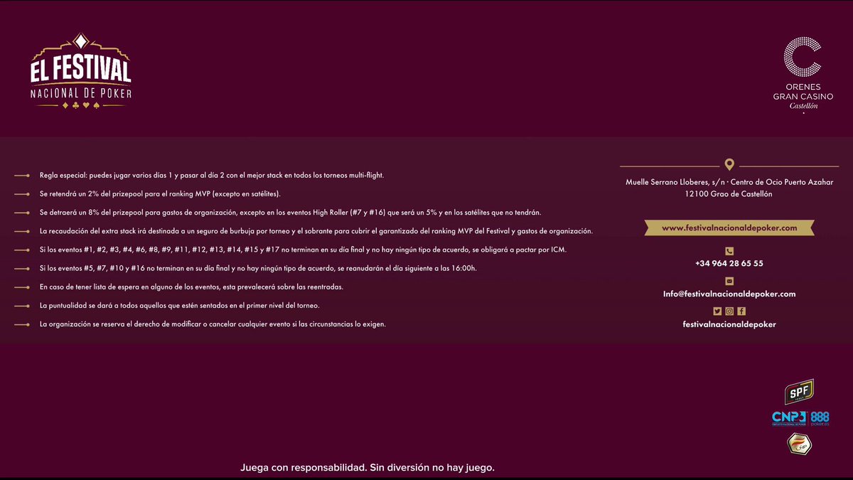 🔞 ¡Con muchísima ilusión os presentamos el programa de El Festival! y os esperamos a todos/as del 25 de mayo al 04 de junio en <a href="/CasinoCastellon/">Orenes Gran Casino Castellón</a> #yosoypoker <a href="/CNP_POKER/">CNP® Poker</a> <a href="/ligaESpoker/">Liga Española Poker</a> <a href="/SPFpoker/">SPF Poker ®️</a>