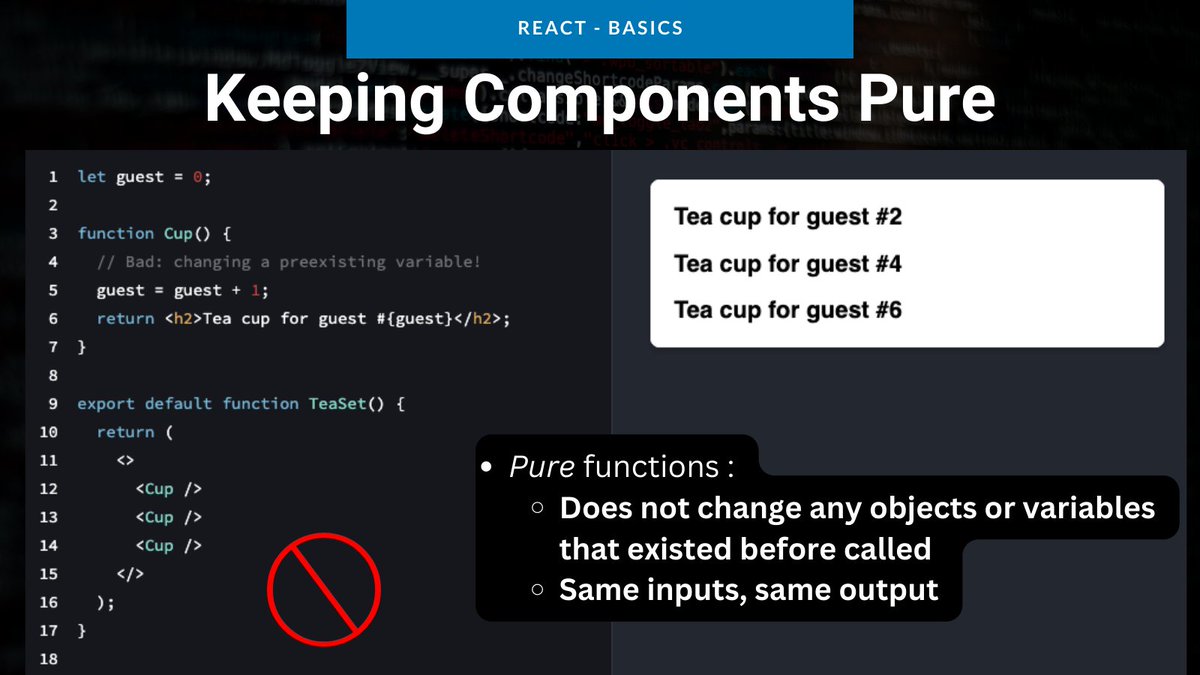 ToDestiny_'s tweet image. React Basics Day 10 -
Keeping Components Pure
What tips do you want to see covered? Answer in the comments below 👇
Follow and like ❤️ to receive more tips on React and Web3!
#ReactJS #web3 #reactbasics #day8 #purecomponents #react