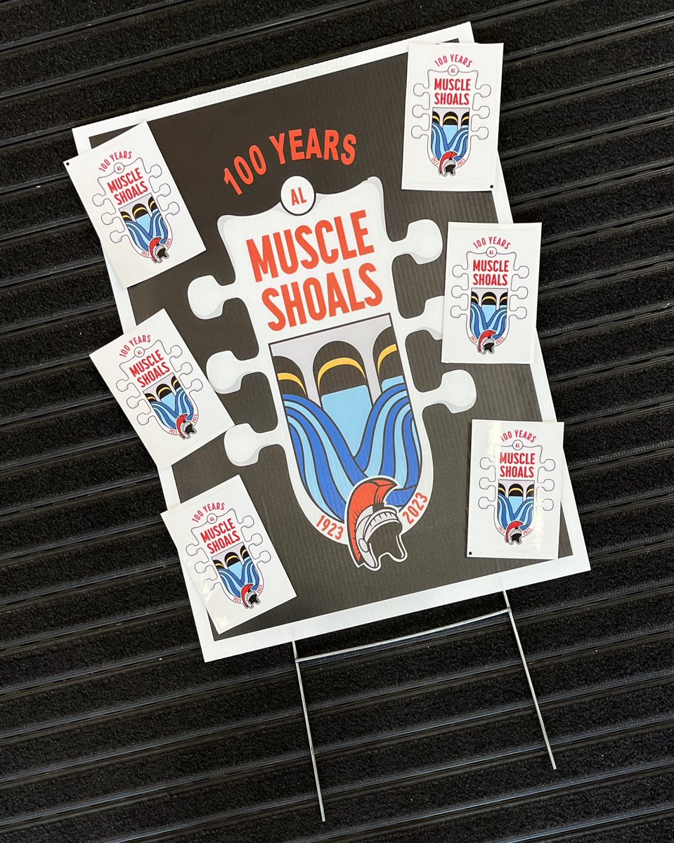 _muscleshoals's tweet photo. HEY EVERYBODY‼️
We have some more SWAG for sale at City Hall! Buy one of our ‘100 Years’ yard signs for $10, and come grab some window decals to place on your business doors, car windows, tumblrs, etc! Get all of this limited-time-merch while you can! #MSrocking100 #MS100🎉🎸🎶 https://t.co/q54bx7KkI4