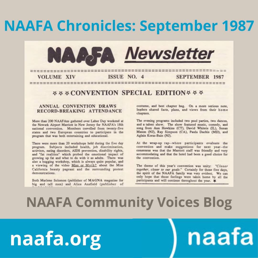 NAAFAofficial's tweet photo. BLOG POST: NAAFA Chronicles: September 1987
CW: Use of language that may be triggering to some
The NAAFA Chronicles reflect a piece of fat acceptance/fat activist history.
https://t.co/oLxNZYeg12
#fatactivism #fathistory #naafa #EqualityAtEverySize https://t.co/r3IdjtVEw7