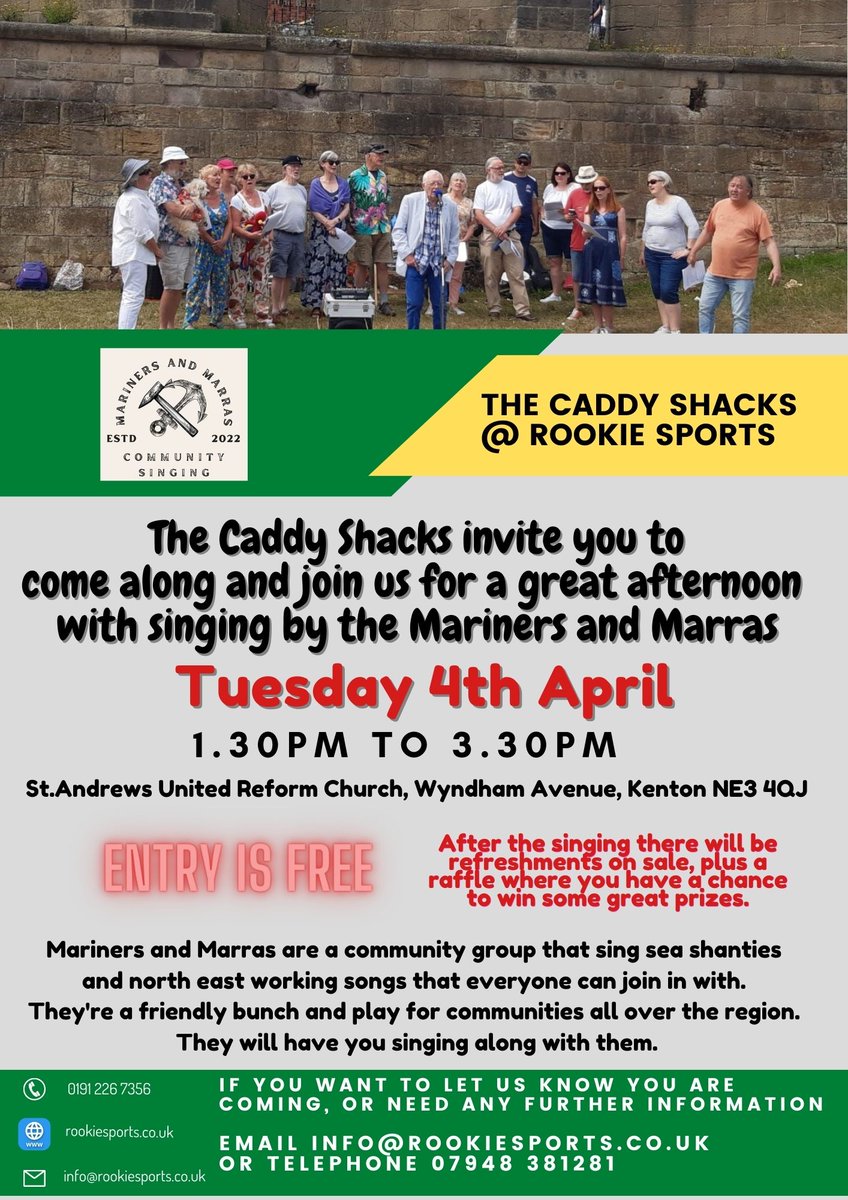 The Caddy Shacks would like to invite their friends to an afternoon of singing with the Mariners and Marras on Tuesday 4th April.  
We would love to see you there.  Full details are on the poster.