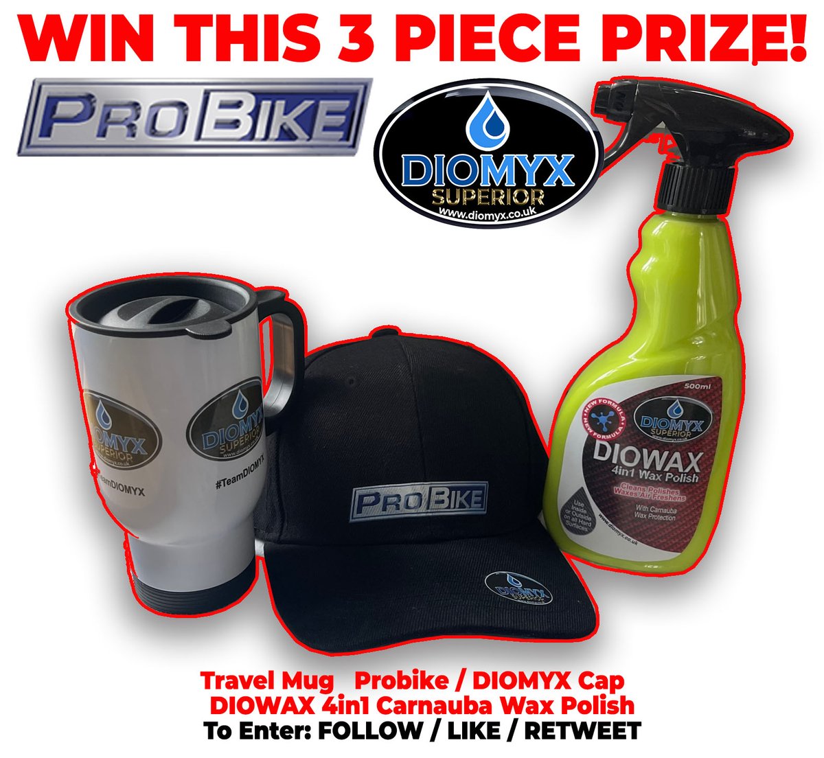 ITS FREEBIE TIME...

DIOMYX Valeting Products in conjunction with <a href="/ProBikeUK/">ProBike UK</a> we are giving away this 3 piece prize comprising; 
- TRAVEL MUG
- EXCLUSIVE PROBIKE/DIOMYX CAP
- 500ml BRAND NEW DIOWAX 4in1 CARNAUBA WAX

to enter simply FOLLOW, LIKE, RETWEET

GOOD LUCK!