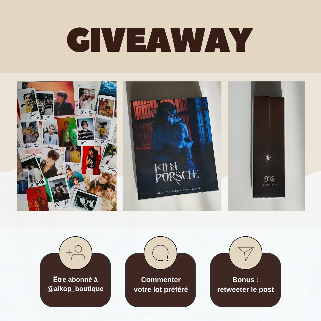 aikop_boutique's tweet photo. 🍀 GIVEAWAY 🍀

» 1er lot : 5 photocards/postcards officielles au choix (Boun-Prem, Zee-Nunew, Mile-Apo, Ohm-Nanon,...)

» 2ème lot : l'album OST KINNPORSCHE

» 3ème lot : le collier THE ECLIPSE

🎁 TIRAGE AU SORT LE 25 MARS https://t.co/FZFktu62l4