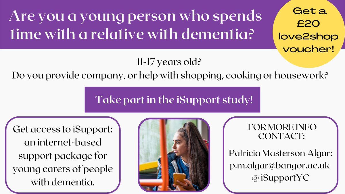 We are looking for young people to take part in our study. For more info please contact p.m.algar@bangor.ac.uk

<a href="/AWYCLiverpool/">Action With Young Carers Liverpool</a> <a href="/NYCFlintshire/">NEWCIS Young Carers Flintshire</a> <a href="/SenseSibsandYC/">Sense Siblings and Young Carers</a> <a href="/WcdYoung/">WCDYoungCarers</a> <a href="/yorkcarers/">York Carers Centre</a> <a href="/Glosyoungcarers/">Gloucestershire Young Carers</a> <a href="/CarersCount2/">CarersCount2</a> <a href="/ChildSocInclude/">Include: Young Carers</a> <a href="/CarersTrustScot/">Carers Trust Scotland</a> @YCCHerts <a href="/YACbook/">Young Adult Carers Wiltshire</a> <a href="/BrightonYCP/">Brighton Young Carers Project</a>