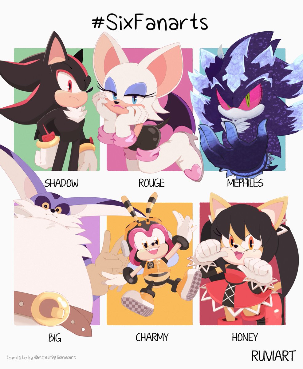 Did a thing. Im tired...
#sixfanarts #shadowthehedgehog #rougethebat #mephilesthedark #bigthecat #charmybee #honeythecat