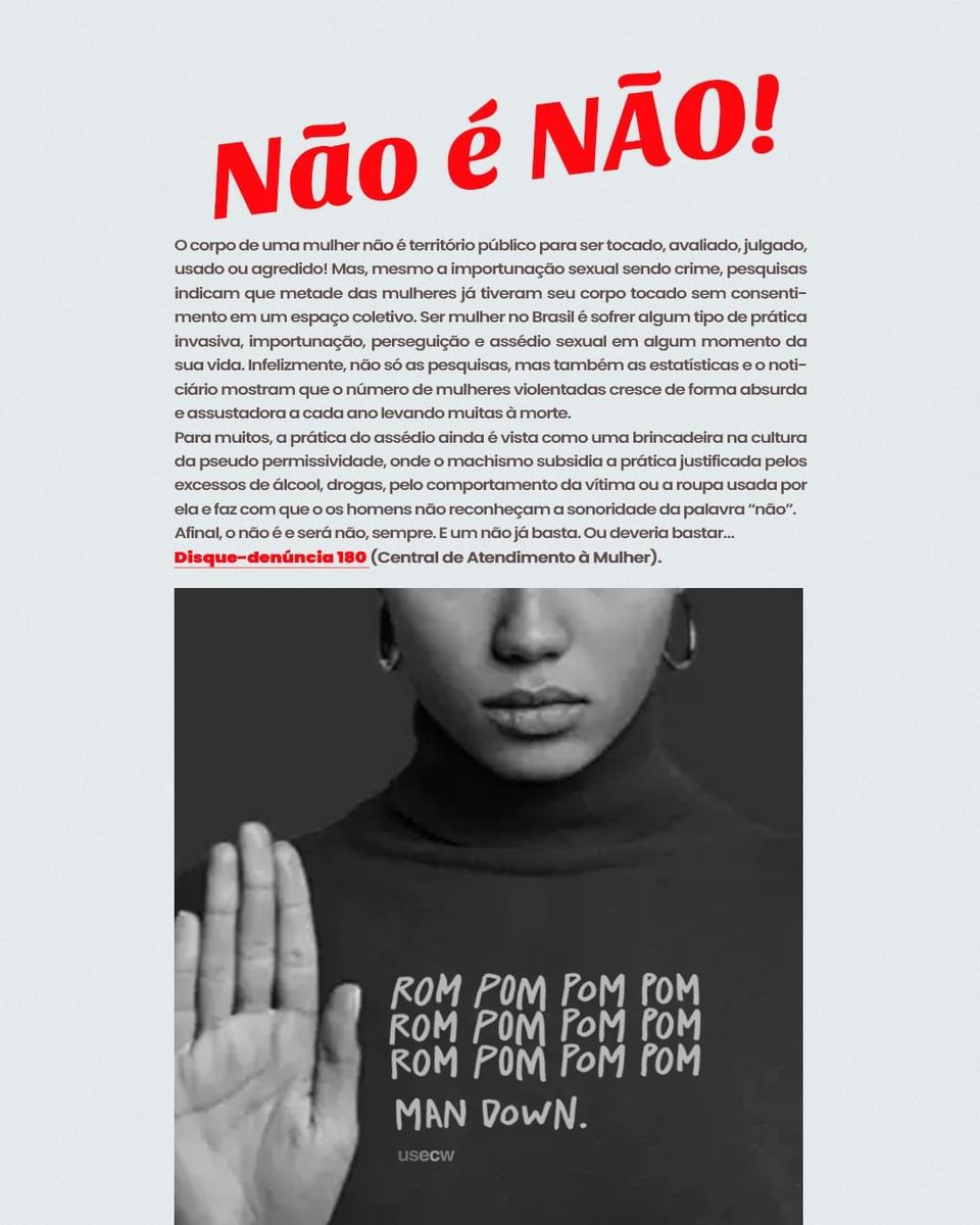 usecw's tweet photo. A regra é clara: NÃO É NÃO! Assédi0 nunca é culpa da bebida e nem da vítima. Assédi0 s3xu4l é crim3 (art. 216-A, CP, com pena de 1 a 2 anos) DENUNCIEM 180. 🚨
#usecw #nãoénão #juntassomosfortes #juntossomosmaisfortes #girlpower #lutecomoumamulher #lutecomoumagarota #bbb23 https://t.co/j9i6Aa2YBD