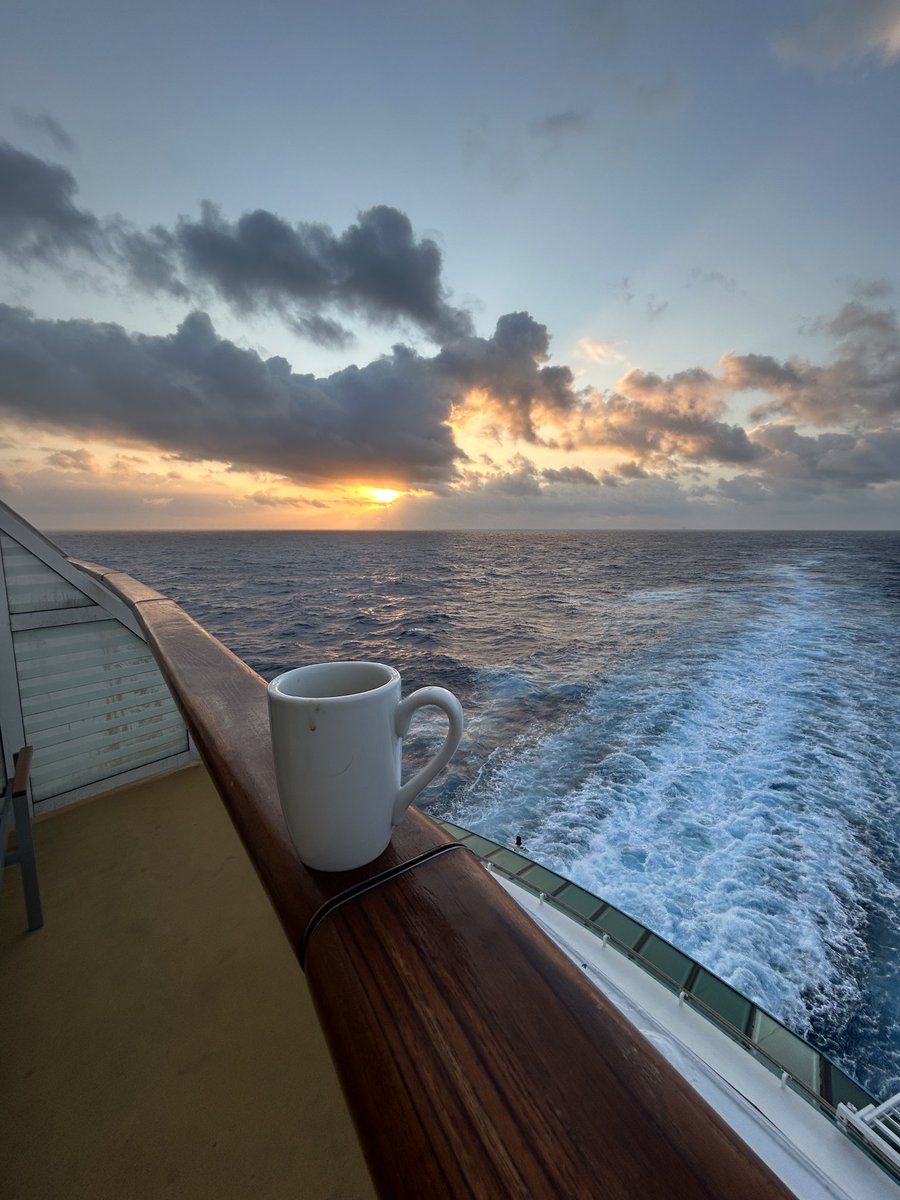 RineyDon's tweet photo. Coffee and a golden sunrise. Hoping we slip south of the storms off the Texas coast! #radianceiftheseas ⁦@RoyalCaribbean⁩ ⁦@JamesVanFleet⁩ https://t.co/HkjMbGTTGP