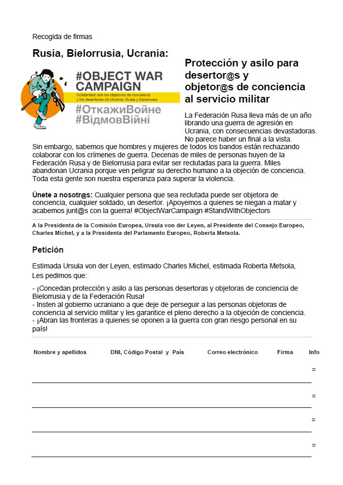 EnPieDePaz_'s tweet image. Difundida el 24F en manis europeas contra la guerra, la #ObjectWarCampaign, triplicó en 48 h. el nº de firmas exigiendo a la #UE que proteja y conceda asilo a personas desertoras y objetoras de conciencia ¿Te implicas en la recogida de apoyos presencial?: insumisionalasguerras.org