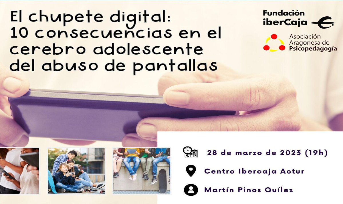 📱El chupete digital ➡️ 10 #consecuencias en el #cerebro adolescente del #abuso de #pantallas. 

🧑‍💻 #Conferencia #gratuita <a href="/martinpinosq/">Martín Pinos Quilez</a> 
<a href="/FundIbercaja/">Fundación Ibercaja</a>  <a href="/Asoarapsico/">Asociación Aragonesa de Psicopedagogía</a>

📲 psicoaragon.es/conferencias/c…