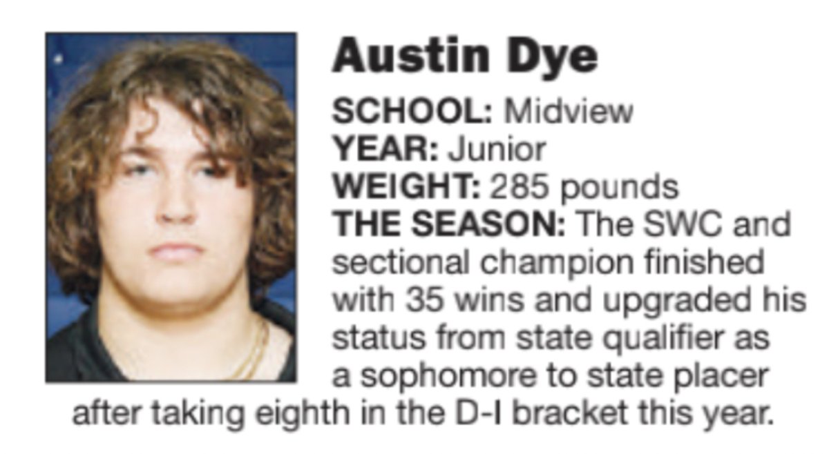 Congrats to <a href="/HsMidview/">Midview HS Wrestling</a> junior Austin Dye for being named to the All-Chronicle first team. #LoCoMats
