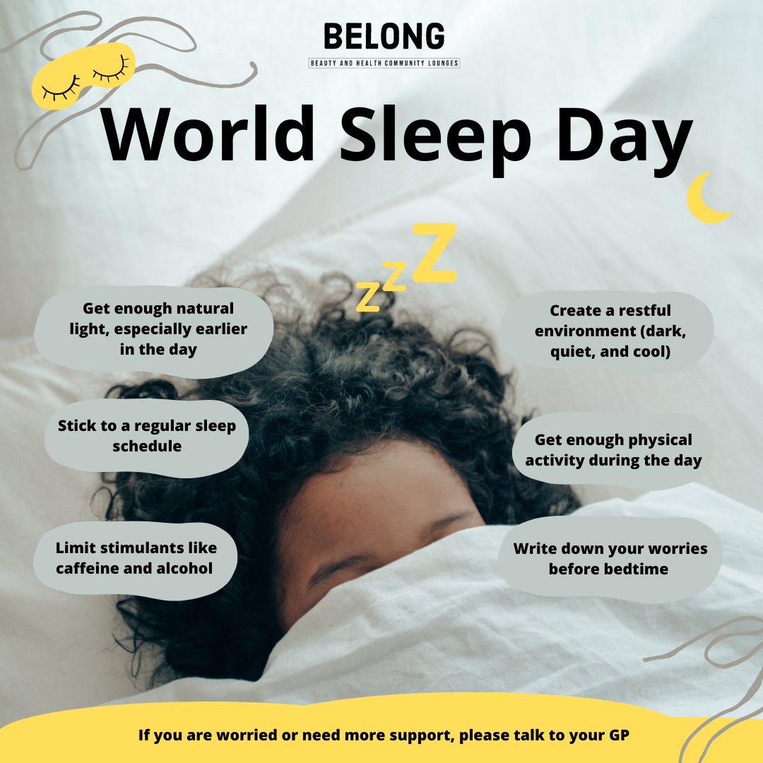 Sleep is essential for mental, physical and heart health. health. The BELONG team supports #WorldSleepDay. If poor sleep is affecting your daily life or causing you distress, please talk to your GP. For more information, check the NHS guidance: tinyurl.com/68f5j2mp