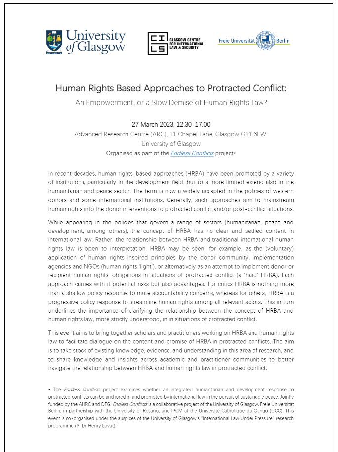 UofGCILS's tweet photo. 📢📅Our colleagues from @EndlessConflic2 project, together with the ‘International Law Under Pressure’ research programme (PI @h_lovat) are hosting a hybrid event on Monday 27 March at the @UofGARC. For details &amp; registration please visit their website: https://t.co/pcW6WghJtd. https://t.co/SXqFfgRaIZ
