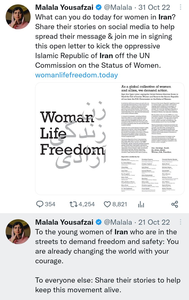 SaffronDelhite's tweet image. By wearing the jewellery of  #QueenSoraya of #Afghanistan at #Oscar2023, Nobel laureate @Malala shows solidarity with the Afghan women.

Very Good ✅

What jewellery 💎 does Malala need from Iran, to support #IranianWomen

She has not said anything beyond 2 Tweets in October 22