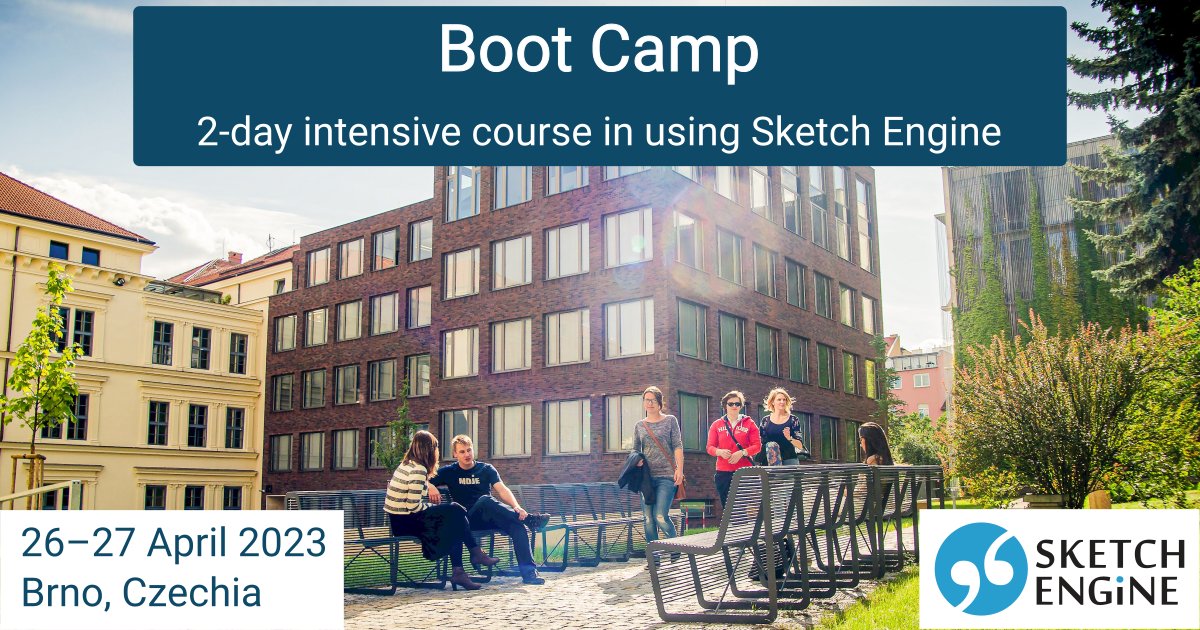 SketchEngine's tweet photo. Become a Sketch Engine expert in 2 days! We invite you to Boot Camp, an intensive course in using Sketch Engine and its various tools.
Where: Brno, Czech Republic. When: 26–27 April 2023.
https://t.co/Lz4nhz3mw5
#corpuslinguistics #corpusanalysis https://t.co/HQTsnwEXcS