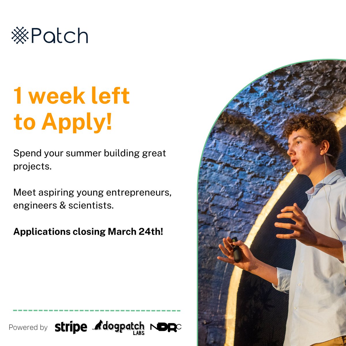 joinpatch_'s tweet photo. Just 1 week left to apply to Patch! 

Don’t miss out on the opportunity to connect with like-minded peers, collaborate on projects, and receive one-on-one mentorship from renowned engineers, technologists, and founders. 

Link to apply: https://t.co/qJ4HUkW0Qp https://t.co/rzFHyqXfNl