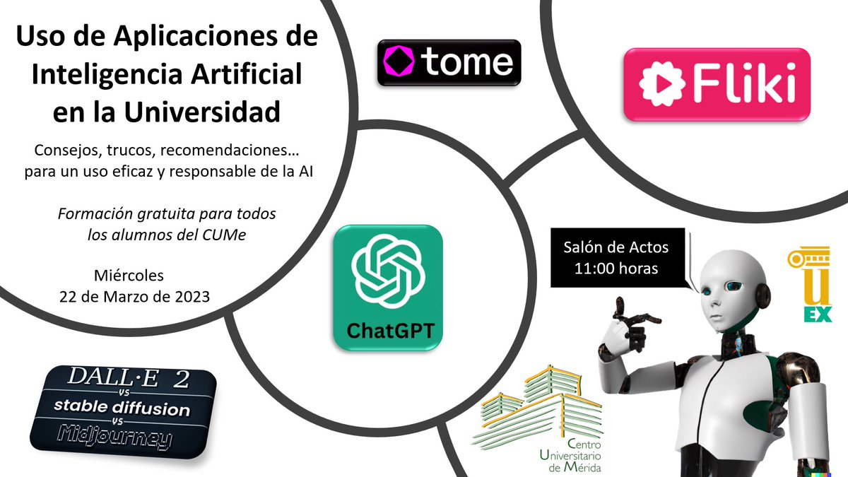 infouex's tweet image. ℹ️🔎 El Centro Universitario de #Mérida formará a sus alumnos en el uso de herramientas de Inteligencia Artificial #Ai 
✅ 22 de marzo 11:00 horas.  @CUMe_UEx @descubreUEX @UExDivulga