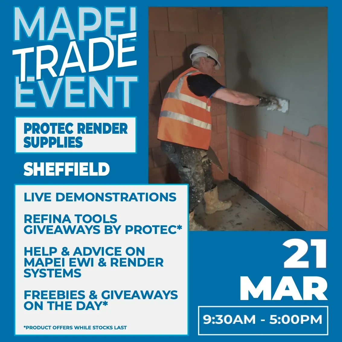 MapeiUKLtd's tweet photo. Join Steve &amp; Ade at @ProTecRender Supplies in #Sheffield on Tuesday as they host our #Trade #Event. There will be live product demonstrations, exclusive event only promotions, giveaways and all the usual #technical support from our experts. 

#Mapei #EWI #render #coatings https://t.co/PFQduQW4dN