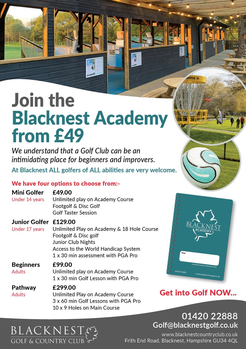 Get into golf and join the Blacknest Academy we have four options to choose from. For more information call 0142022888 option 1 or email golf@blacknestgolf.co.uk