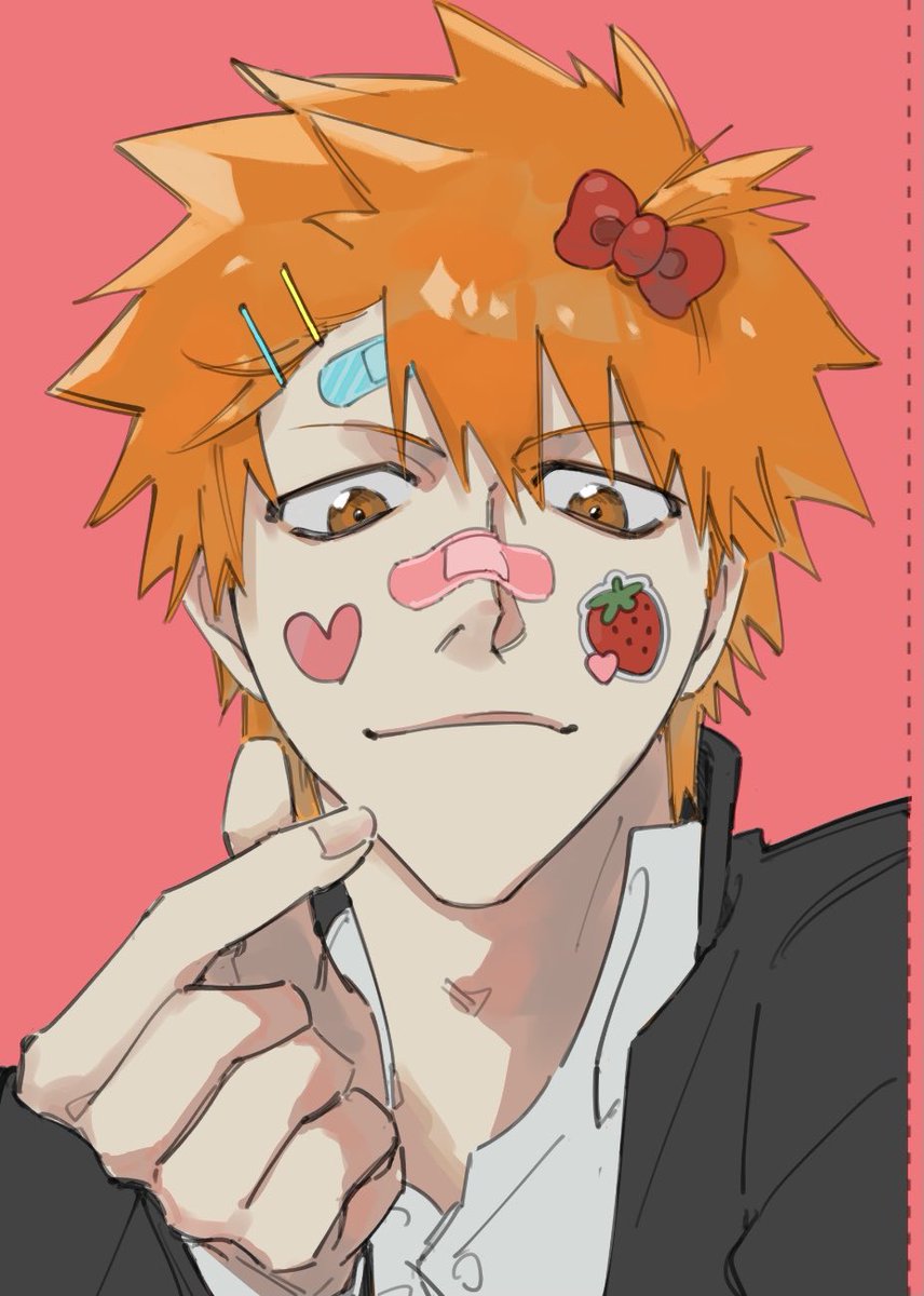 1boy bandaid on face male focus orange hair solo fruit looking at viewer  illustration images