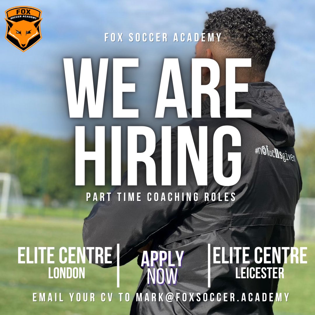 We are looking for part time coaches to join our team in Leicester & London. For more information on the roles please email us on: mark@foxsoccer.academy #Recruiting #football #coaches