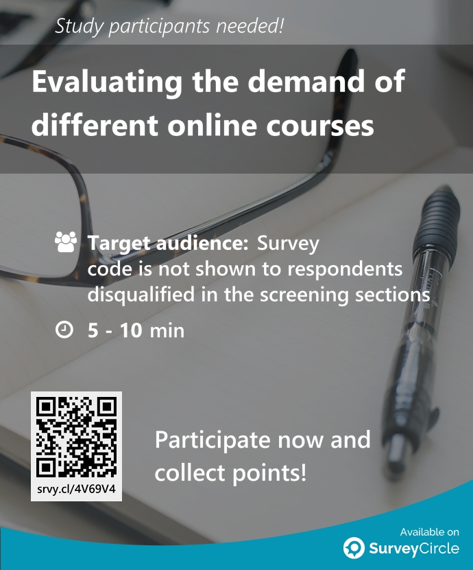 SurveyCircle's tweet image. Participants needed for top-ranked study on SurveyCircle:

"Evaluating the demand of different online courses" surveycircle.com/4V69V4/ via @SurveyCircle

#OnlineCourses #MarketResearch #ConceptTest #CourseDevelopment #courses #survey #surveycircle
