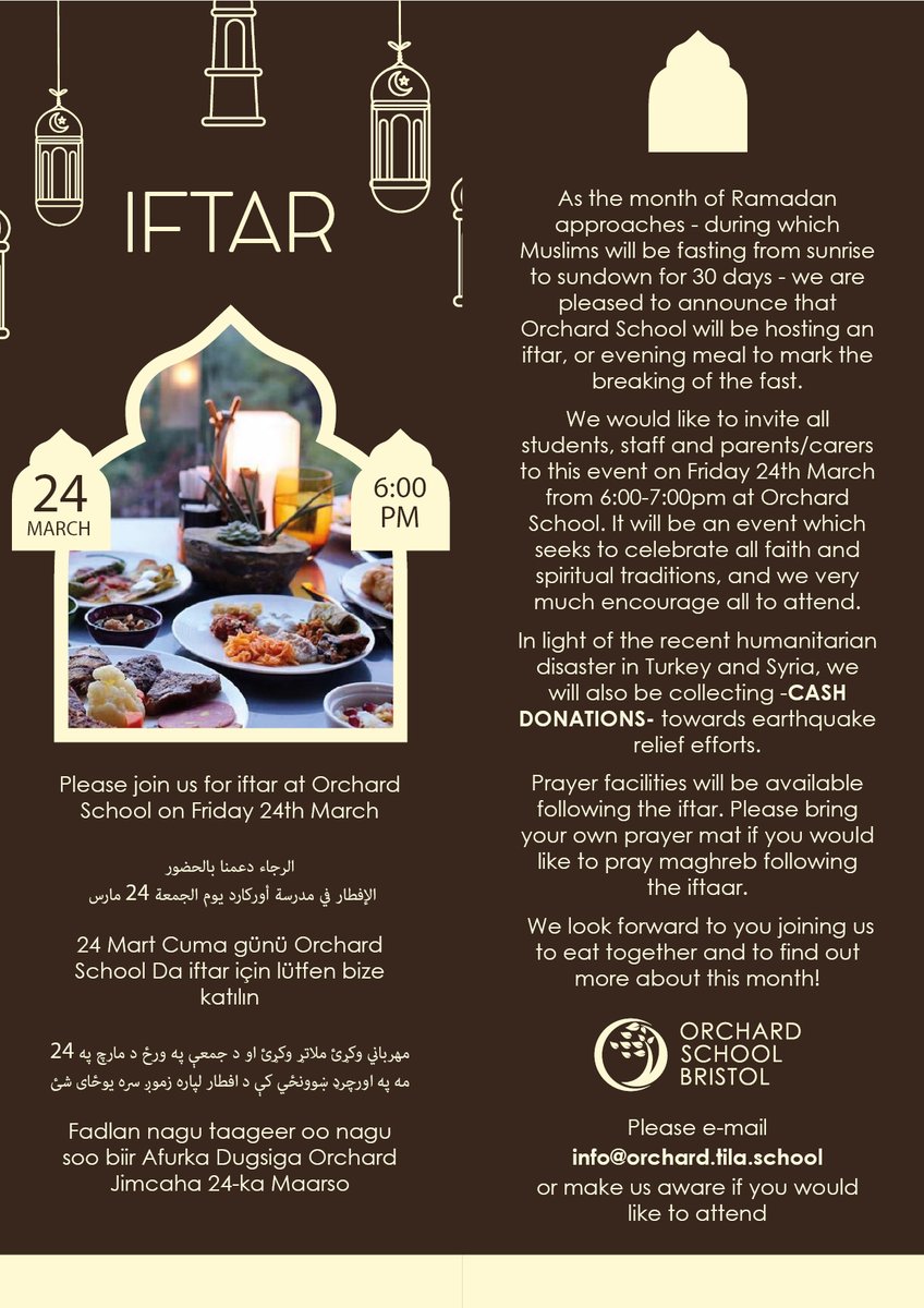 OrchardSB's tweet photo. Orchard students and families are welcome to join us for iftar on Friday 24th March at 6pm. This is an evening meal to mark the breaking of the fast which takes place over Ramadan. @tilaacademies https://t.co/bUFU2wESA9