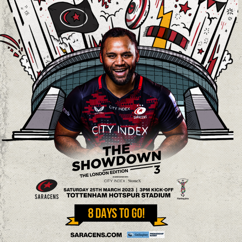 Saracens's tweet photo. The 8️⃣ day countdown until #TheShowdown3 is 🔛‼️

Join the fun @SpursStadium 🙌

#YourSaracens💫 | #ChallengeAccepted
