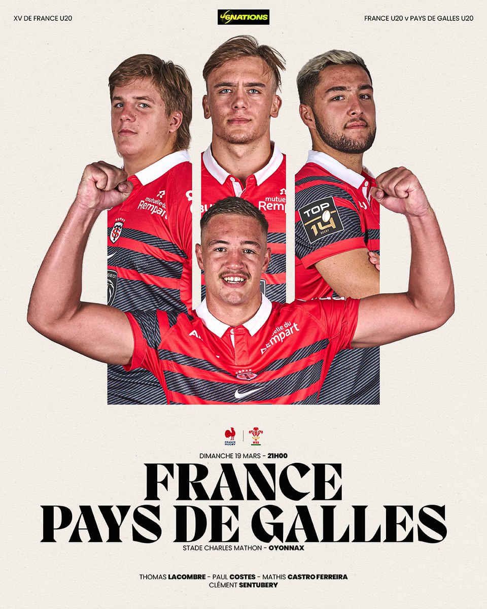 🇫🇷 - 🏴󠁧󠁢󠁷󠁬󠁳󠁿

𝐓𝐡𝐨𝐦𝐚𝐬 𝐋𝐚𝐜𝐨𝐦𝐛𝐫𝐞, 𝐌𝐚𝐭𝐡𝐢𝐬 𝐂𝐚𝐬𝐭𝐫𝐨 𝐅𝐞𝐫𝐫𝐞𝐢𝐫𝐚, 𝐏𝐚𝐮𝐥 𝐂𝐨𝐬𝐭𝐞𝐬 𝐞𝐭 𝐂𝐥𝐞́𝐦𝐞𝐧𝐭 𝐒𝐞𝐧𝐭𝐮𝐛𝐞𝐫𝐲 sont sélectionnés avec #FranceU20 pour le dernier match des #SixNationsU20 🔥

Rdv dimanche 19/03, à 21h, pour soutenir les Bleuets 👏