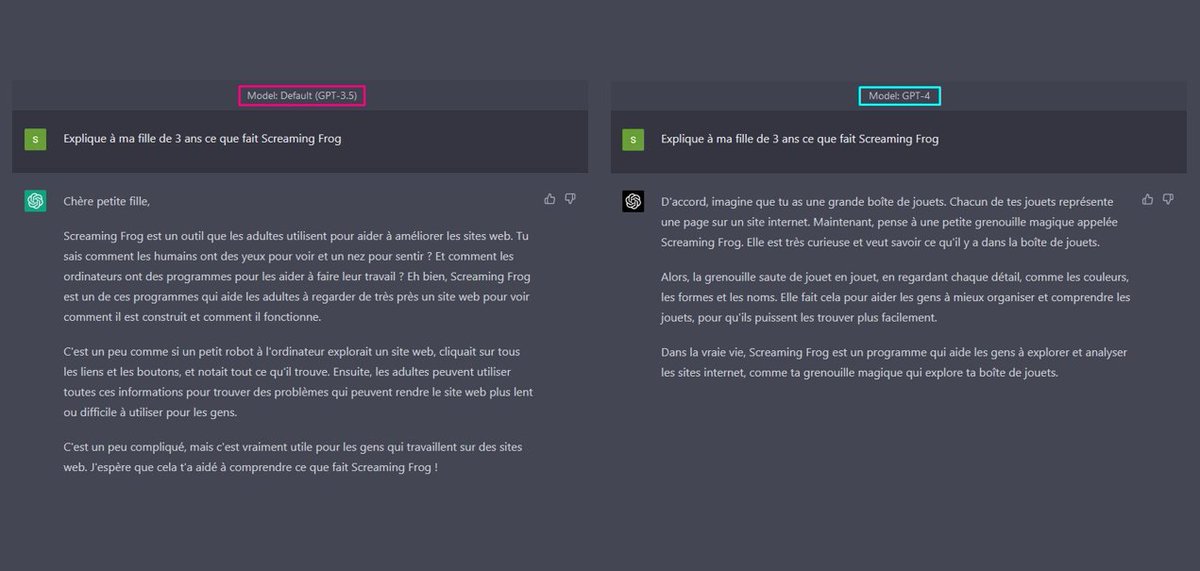 Différence entre GPT-3.5 et GPT-4 sur un exemple 😍

#ChatGPT #GPT4 #SEO <a href="/screamingfrog/">Screaming Frog</a>