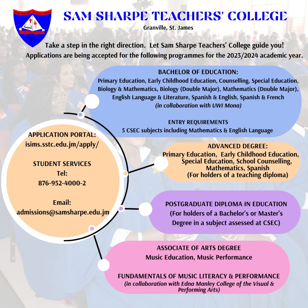 SamSharpeTC's tweet photo. Take a step in the right direction. Let SSTC guide you Applications are being accepted for the following programmes for the 2023/24 academic year
#precollegeprogramme
#Montegobayschools
#Schoolsinstjames
#Collegeinstjames
#JamaicaBestCollege
#teacherscollege
#CollegesinMontegoBay https://t.co/h0HrEkYJgI