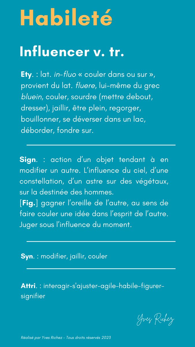 yvesrichez's tweet photo. Deux nouveaux mots ce matin: #Influencer #orienter.  
La contrainte immédiate, le sens correct d’un mot ne permet pas de le plier à nos désirs de sens.
L’avantage, cela oblige à se réapproprier une large variété sémantique pour s’exprimer et penser avec clarté.
#etymologie, https://t.co/x5LkWQ1AJs
