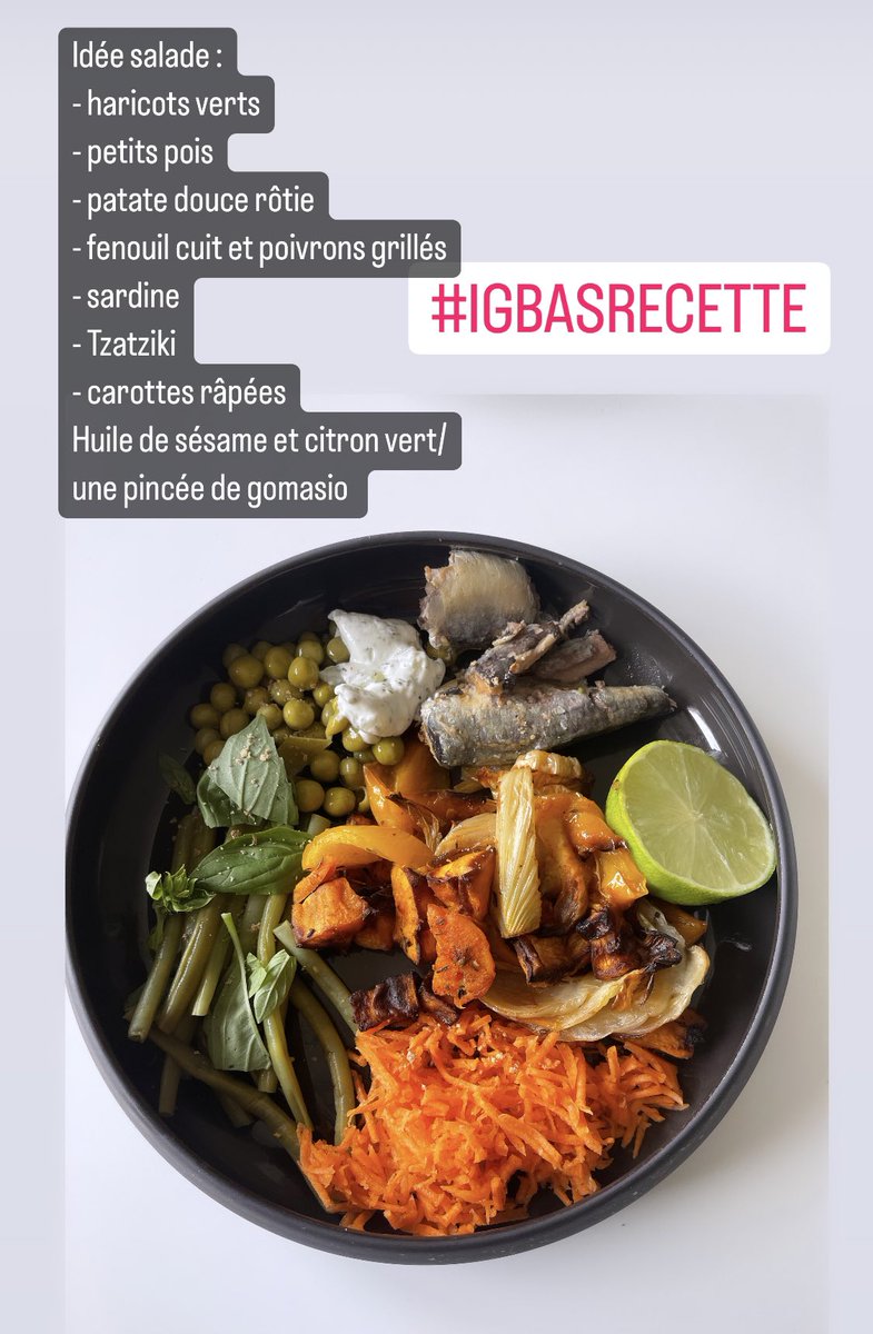 doctalons's tweet image. Idée salade : 
- haricots verts 
- petits pois
- patate douce rôtie 
- fenouil cuit et poivrons grillés 
- sardine 
- Tzatziki
- carottes râpées 
Huile de sésame et citron vert/ une pincée de gomasio 
#igbas