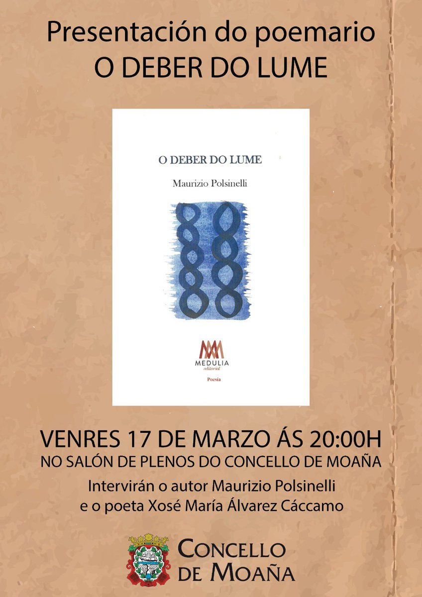 Hoxe Presentación do poemario O DEBER DO LUME de Maurizio Polsinelli #odeberdolume #poesiagalega #alofonia #galicianpoetry <a href="/MeduliaE/">Medulia Editorial</a>