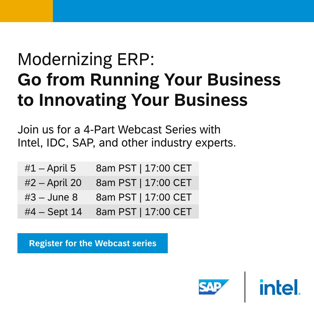 Check out <a href="/SAPCloudERP/">SAP Cloud ERP</a>'s new 4-part webcast series - Modernizing ERP.  Intel, IDC, SAP, and other industry experts will explore the urgency and benefits of upgrading ERP in the cloud. #S4HANA imsap.co/60163fSzm