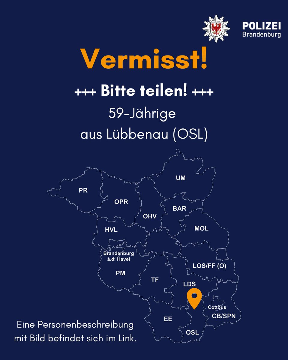 PolizeiBB's tweet photo. + Bitte RT! +

Seit dem 16.03.2023 wird eine 59-Jährige aus Lübbenau (OSL)  #vermisst. Sie verließ ihr Wohnheim gegen 06:45 Uhr.

Foto &amp; Beschreibung befinden sich im Link ⬇️
https://t.co/GiZNL4fgYZ

Hinweise an ☎️ 03573 880 oder online. https://t.co/SVyTxvZADL