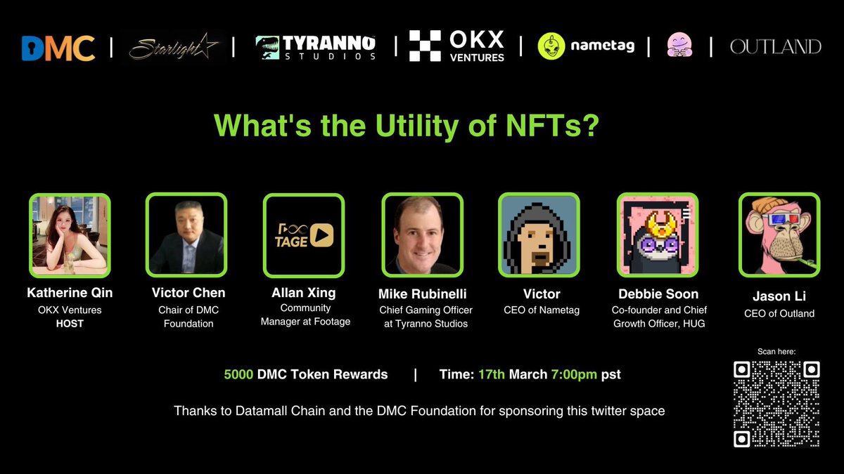 Welcome to Twitter space themed "What's the utility of NFTs?” 

Follow <a href="/OKX_Ventures/">OKX Ventures</a> &amp; <a href="/datamallcoin/">DMC Foundation</a> RT to get 5000DMC airdrops!

Host: 
@Dear_Katherine 
Speakers：
<a href="/VictorWeiChen/">Victor Chen</a>
<a href="/F00tageofficial/">FOOTAGE 中文</a> 
<a href="/MichaelRubinel2/">Michael Rubinelli</a>
@victorcheng7
<a href="/debsoon/">Debbie Soon</a>
<a href="/outland_art/">Outland</a>

x.com/i/spaces/1ynJO…