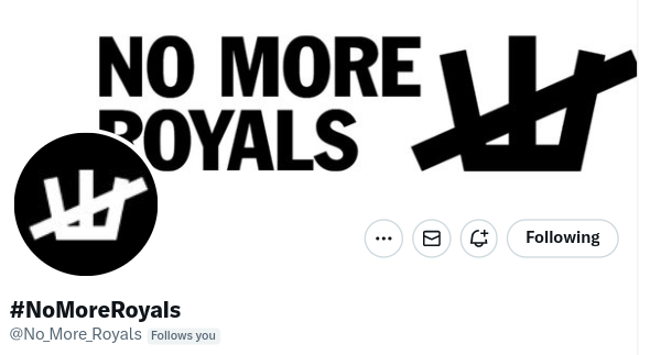 nomoremonarchs's tweet image. The #NoMoreRoyals logo is a masterclass - simple, single colour, easy to produce quickly in any format on any background, and clear in meaning. It could become the breakout logo of the movement to #ResistTheMonarchy and #BootThemOut. 
#NotMyKing #AbolishTheMonarchy