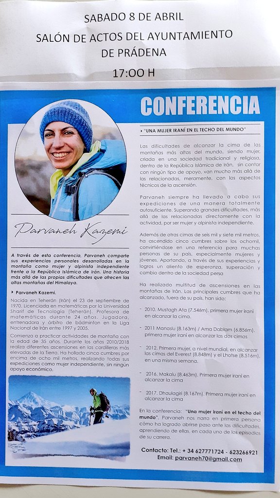 El día 8 de Abril, a las 17:00h ,en el Salón  de actos  del Ayuntamiento de Prádena. 
Disfrutad de lo que nos cuente Parvaneh Kazemí