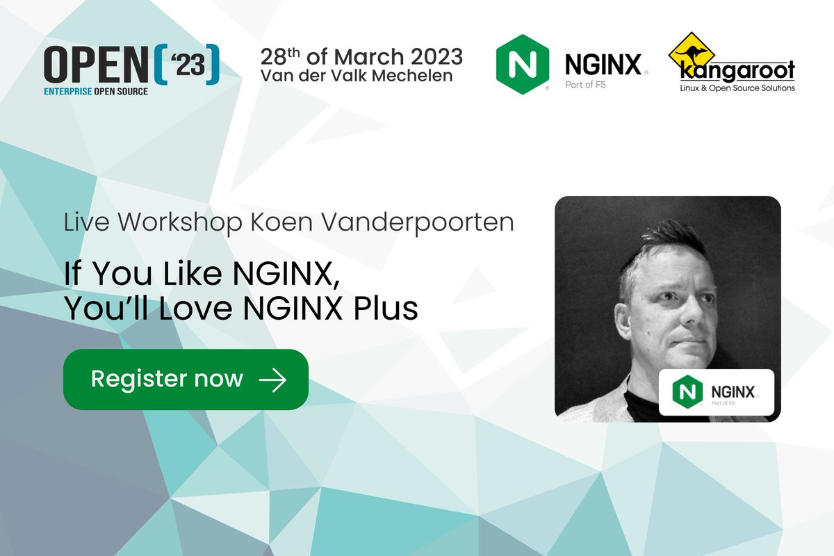 Did you know #NginxPlus brings you everything you love about <a href="/nginx/">NGINX</a> #opensource adding high availability, active health checks, DNS system discovery, session persistence &amp; a RESTful API? Find out more during Koen's session at #OPEN23! Save Seat open23.be #nginx #app