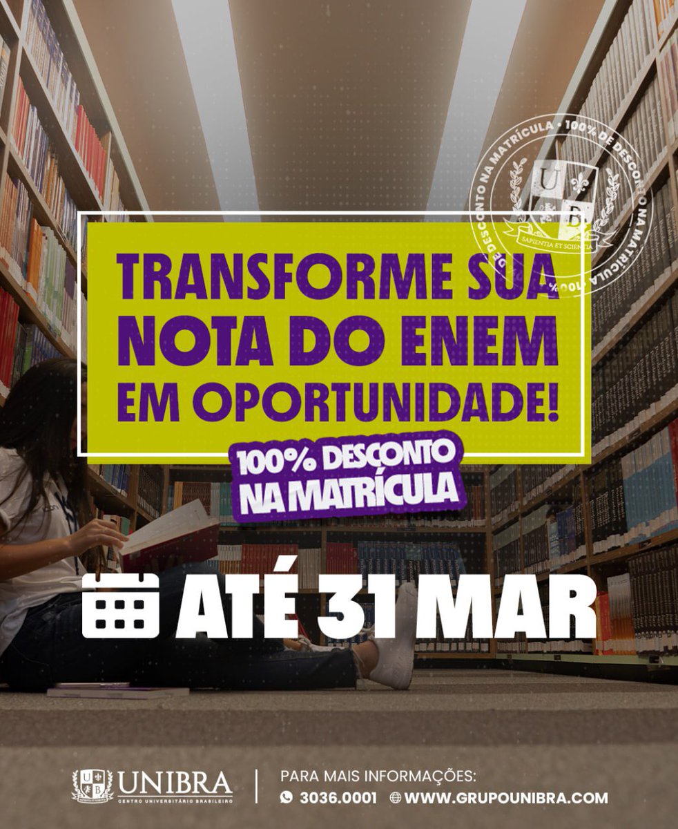 UnibraOficial's tweet photo. O ENEM é a porta de entrada para a universidade, aproveite sua nota e ingresse no melhor Centro Universitário do Nordeste! 

Até o dia 31 de Março, sua nota do ENEM te garante 100% de desconto na matrícula! Então corre e não perde esta oportunidade https://t.co/UM5BighzvY