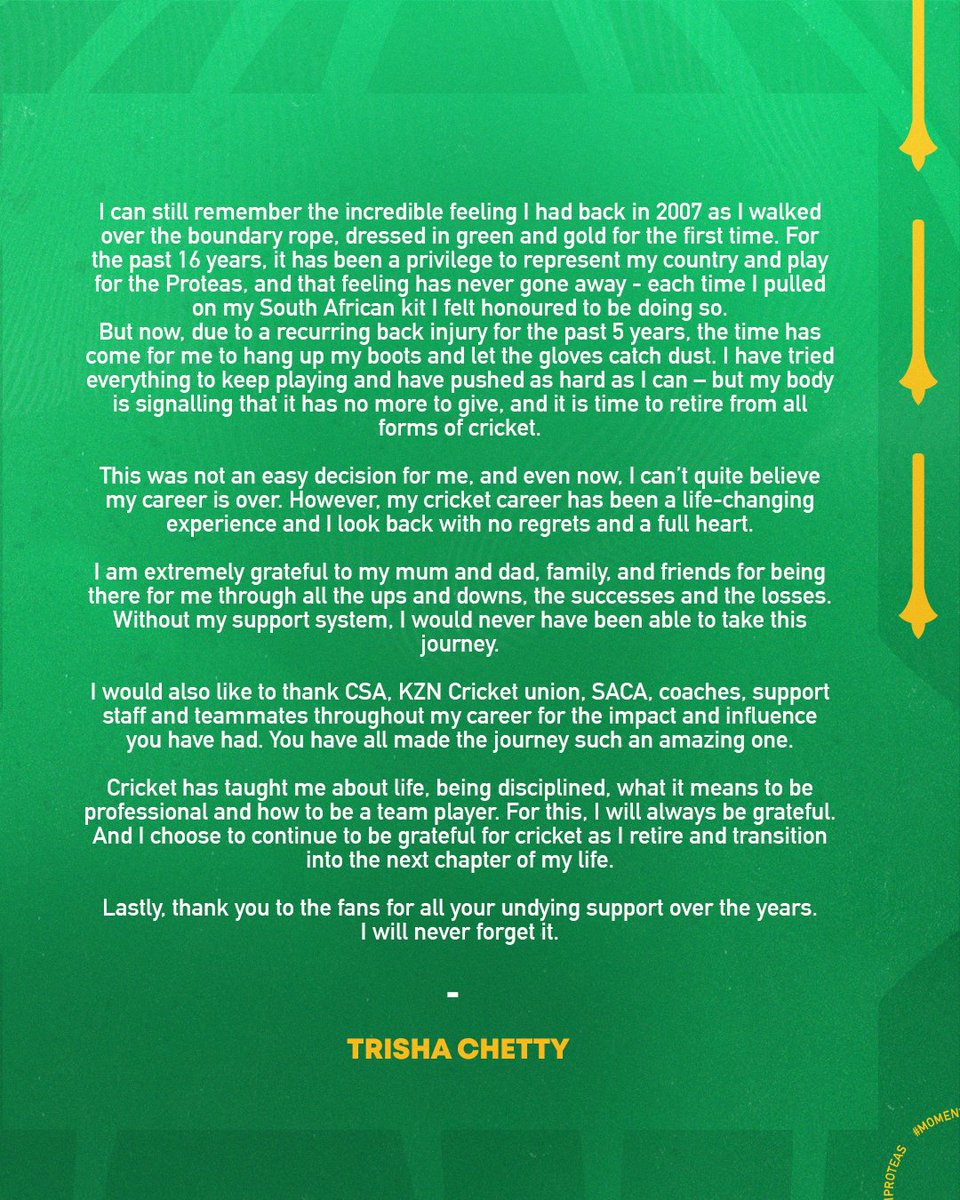 #MomentumProteas wicket-keeper/batter Trisha Chetty has announced her retirement from professional cricket 🏏

Thank you for everything you have done Trish 🙏

Full statement 🔗 bit.ly/3JrtHWj

#AlwaysRising