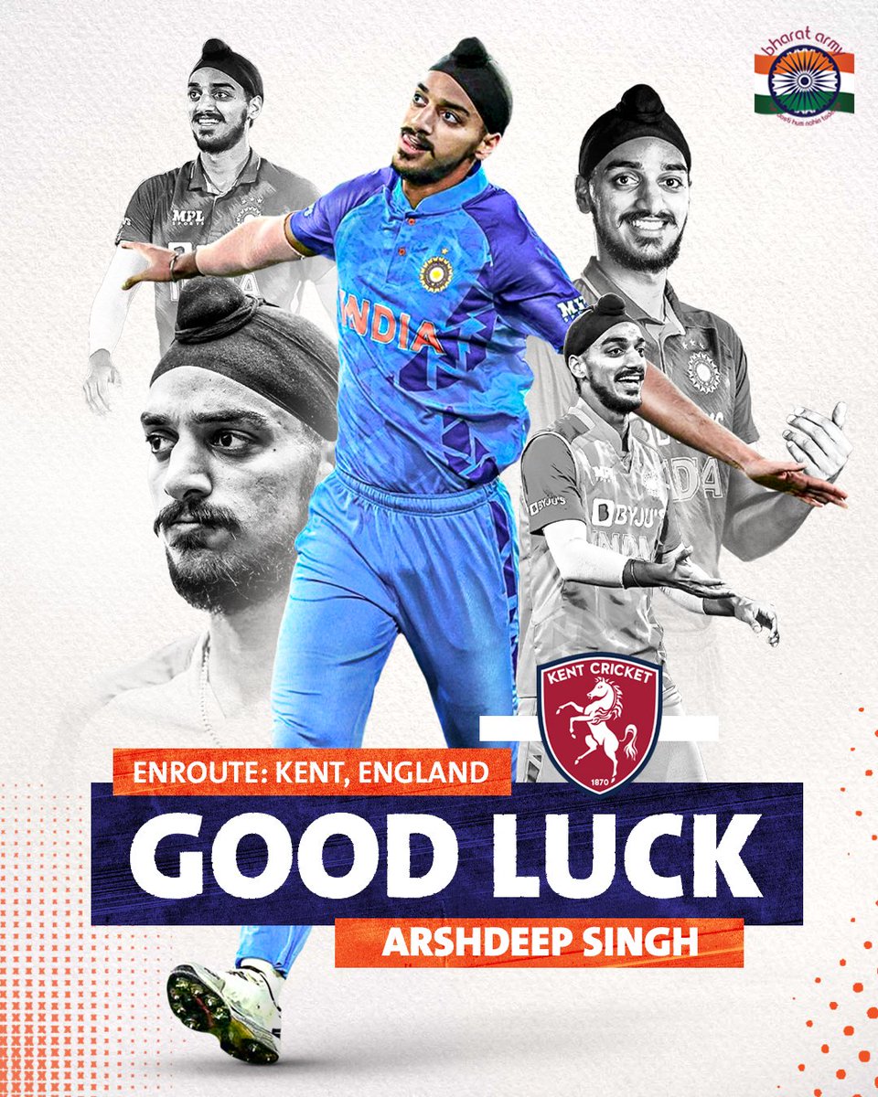 thebharatarmy's tweet photo. βοΈπ ππππππππ ππ π πππππ
πππ! We wish the young pacer all the best for his new journey with @KentCricket in the @CountyChamp.
π Arshdeep will play upto 5 games for the 7-time champs in the summer from 11th June to 28th July!
π· Getty β’ #ArshdeepIsASpitfire #KentCricket #LVCountyChamp #ArshdeepSingh #TeamIndia #BharatArmy