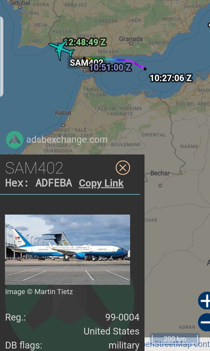 CH_LEBAD's tweet photo. Après la dernière étape le NIGER🇳🇪 l'avion du Sec. d'État 🇺🇸 s'est posé à la base navale Riota🇪🇸 avant de poursuivre son vol pour 🇺🇸
99-0004
#SAM402 https://t.co/8vLaA3YrFl