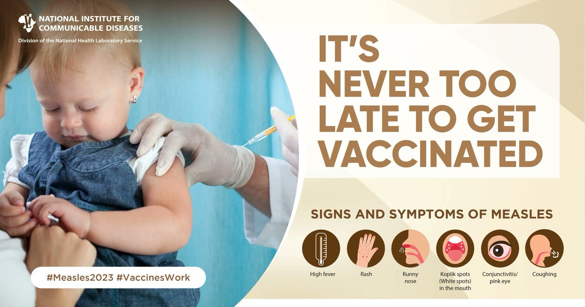 The measles vaccination campaign is underway. Parents and caregivers must ensure that their children are vaccinated against measles. #MeaslesOutbreak #MeaslesVaccine #VaccinesWork @nicd_sa @HealthZA